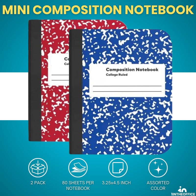 1InTheOffice Mini Composition Notebooks, 3 1/4in x 4 1/2in, Marble, College Ruled Notebook Paper, 80 Sheets, Assorted Colors, 2 Pack - Image 2